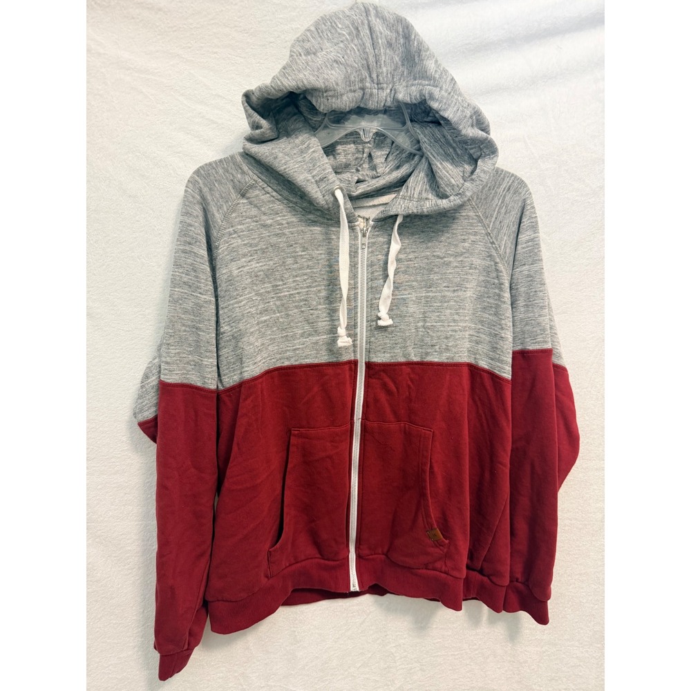 Doublju Mens 3X Zip Up Hoodie Colorblock Gray Burgundy Red Raglan Sweatshirt